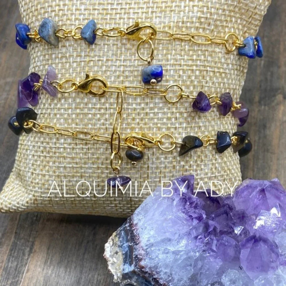 Amethyst Obsidian Lapis lazuli Rosary link tennis bracelet for stacking - Picture 2 of 8